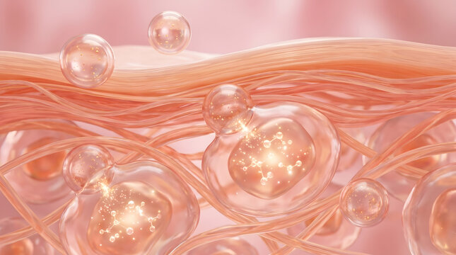 Collagen fiber with glowing molecule bubble in skin tissue closeup view