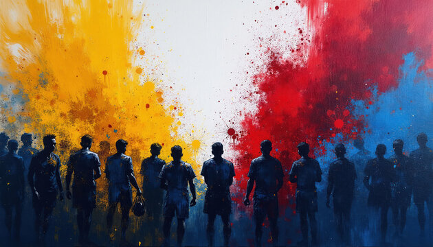 Group of soccer players stand against vibrant abstract background. Team colors clash with bold splashes of yellow blue red. Intense rivalry fuels game spirit.