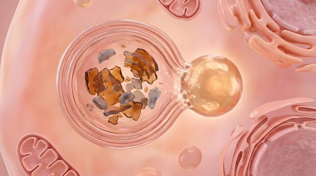3D medical illustration of cell autophagy with lysosome breaking down damaged organelle