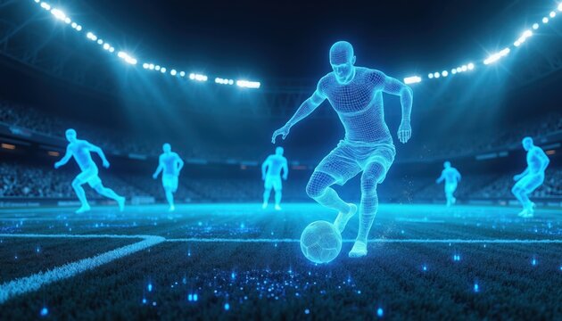 Soccer players represented by glowing blue wireframes move on stadium field at night. Futuristic digital analysis displays player performance data. Tech concept for sports analytics.
