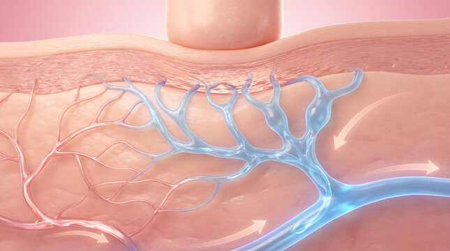 3D medical illustration showing dermal capillary network and fluid flow beneath skin surface