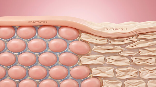 3D medical illustration comparing hydrated and dehydrated skin cell structure side by side
