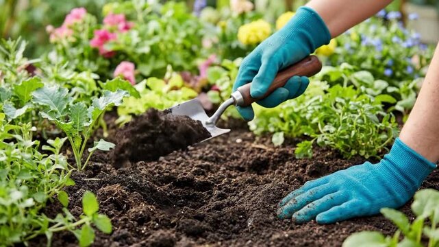 Woman planting in garden soil with trowel and gloves. Home gardening activity for spring planting and vegetable growth. Outdoor nature hobby promoting relaxation and sustainability