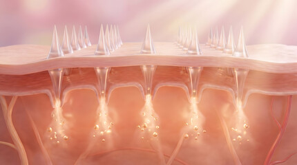 Microneedle patch on skin surface with golden particle absorbing into dermal layer below