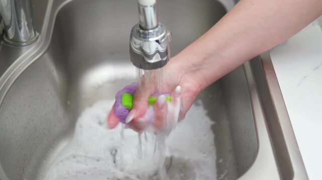 Hand rinsing a kitchen sponge under running water in a stainless steel sink.