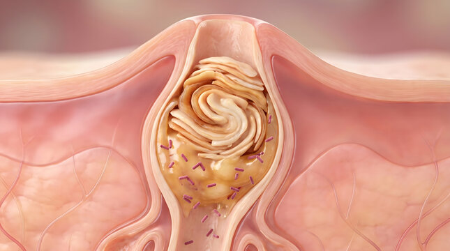 Intestinal cross section with stool mass and bacteria cluster in digestive tract lumen