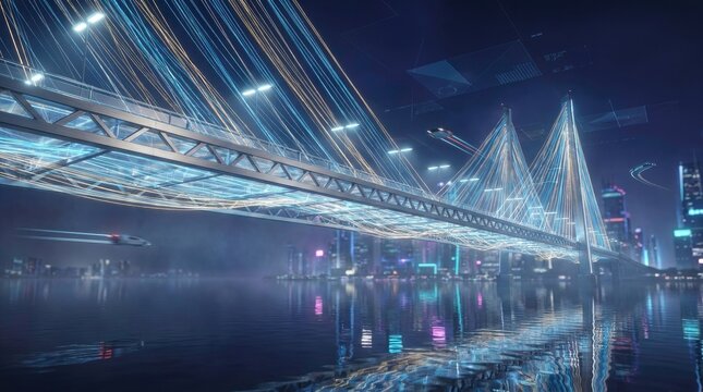 Night View of Modern City Bridge with Illuminated Cables
