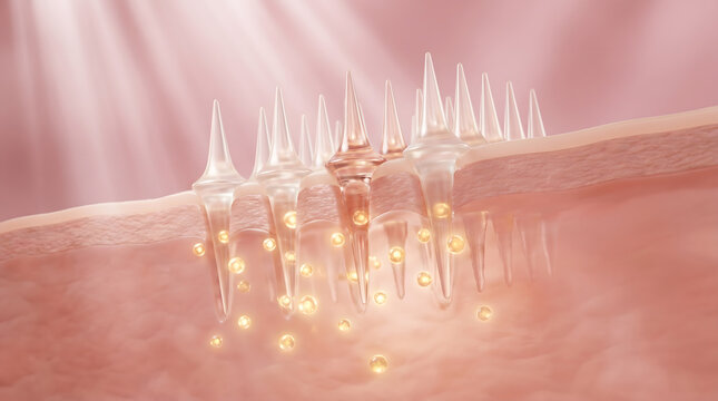 Microneedle array penetrating skin surface with golden glowing particle absorbing into tissue