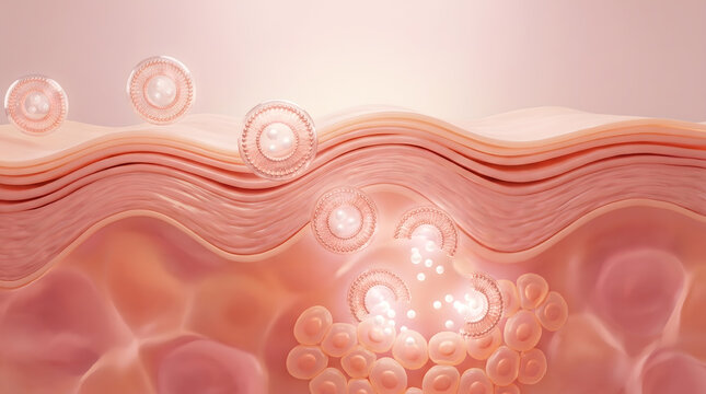 Liposome particle crossing layered skin membrane toward blood cell in deep tissue layer