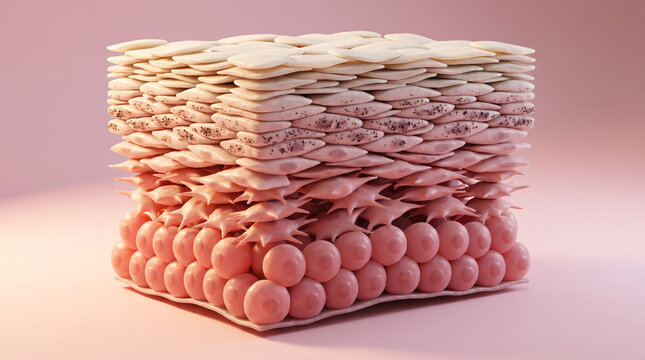 Skin epidermis cross section cube showing flat squamous cell layer and basal cell structure