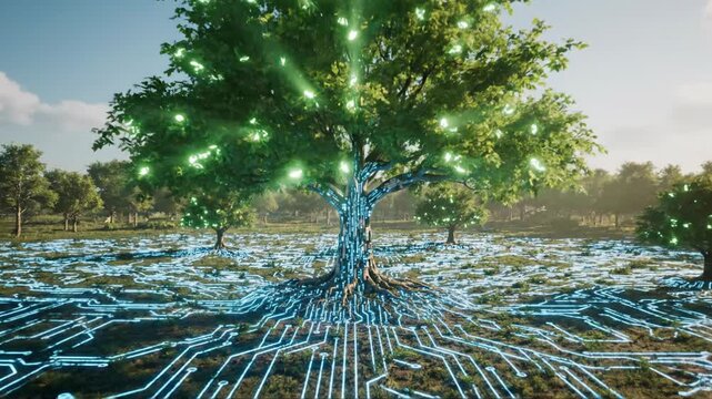 A surreal landscape depicts a large tree with glowing circuit patterns integrated into its trunk and roots, set against a backdrop of a lush green field and a partly cloudy sky.
