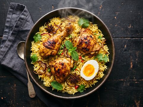 Steaming Hot Chicken Biryani Served in a Traditional Bowl with Garnishes.