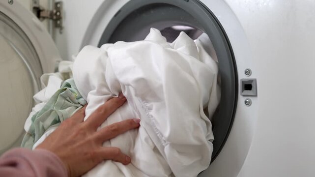 Caucasian female hand reaches into washing machine door to place white laundry inside, showcasing the process of loading clothes for a wash cycle in a domestic setting