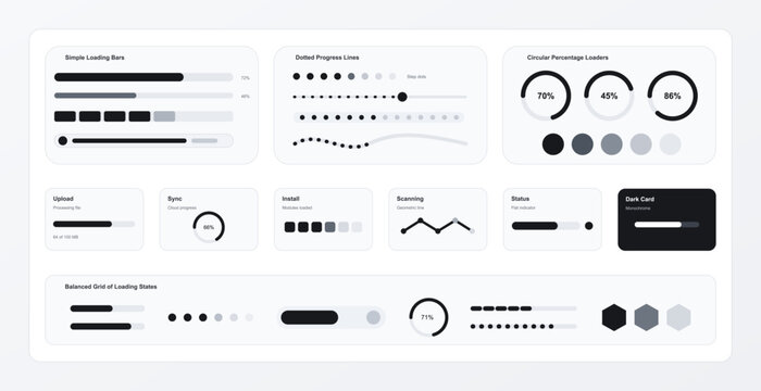 Monochrome UI Loading Bars and Progress Indicators Kit. Minimal black and white interface kit with loading bars, dotted progress lines, circular percentage loaders, upload cards. Vector ui elements