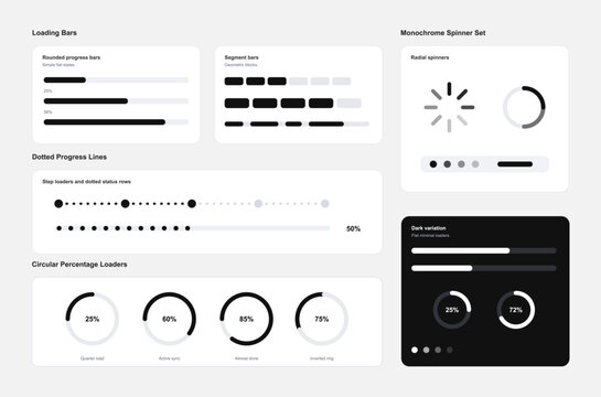 Comprehensive set of minimalist loading bars and progress indicators. UI, UX elements including radial spinners, circular percentage loaders, and dotted status lines in monochrome flat style. Vector