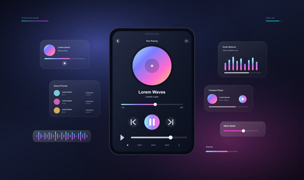 Dark Music Player App UI With Audio Control Widgets. Modern mobile music player interface mockup with album art, playback controls, playlist queue, equalizer, waveform, volume slider. Vector UI mockup