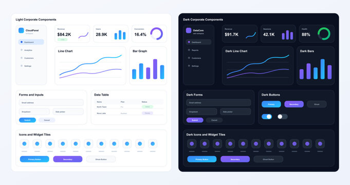Light and Dark Corporate Dashboard UI Components. Corporate UI kit showing light and dark dashboard components, charts, forms, buttons, data tables, navigation sidebars. Vector interface templates