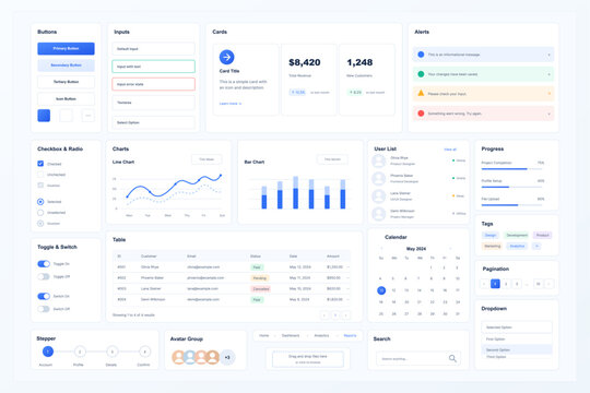 Light Dashboard UI Kit With Components and Charts. Clean web interface kit showing buttons, inputs, cards, alerts, charts, table, calendar, progress bars, user list, search, dropdown. UI, UX elements