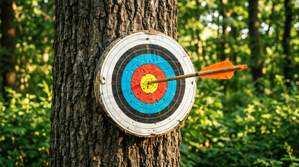 Colourful round archery target on tree trunk with orange fletched arrow embedded in bullseye outdoor close-up © mr_marcom
