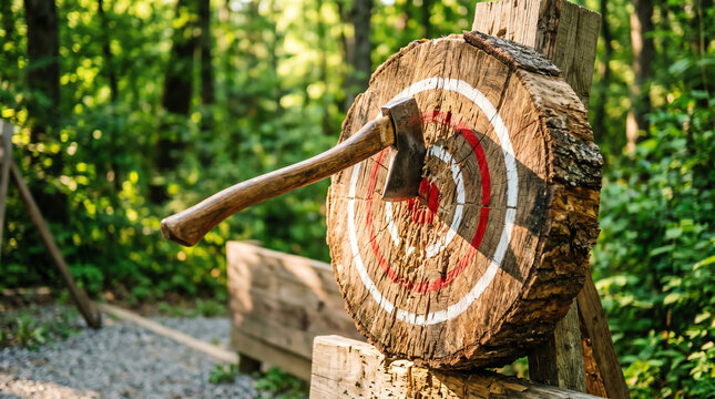 Wooden axe throwing target with concentric scoring rings and hand axe embedded near bullseye close-up