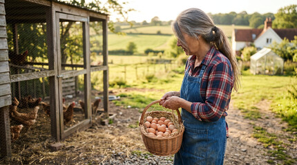 Smiling middle aged farmer in plaid shirt and denim apron carrying woven basket of fresh brown eggs at sunlit farmyard near chicken coop © mr_marcom