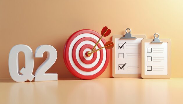Q2 goals achievement concept with target board and checklists. Three darts hit bullseye signifying success and progress. Planning for business objectives and quarterly targets.
