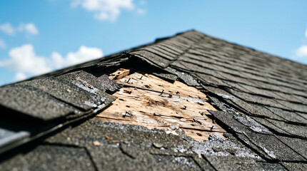 Section of dark asphalt shingles on residential roof torn away revealing exposed plywood sheathing after storm close-up © mr_marcom
