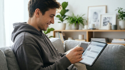 Fototapeta premium Smiling young man in hooded sweatshirt holding credit card while shopping online on tablet on soft grey couch in bright living room
