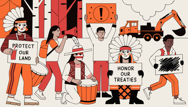 Indigenous Land Protest Activists March Signs Drums Treaty Rights Vector