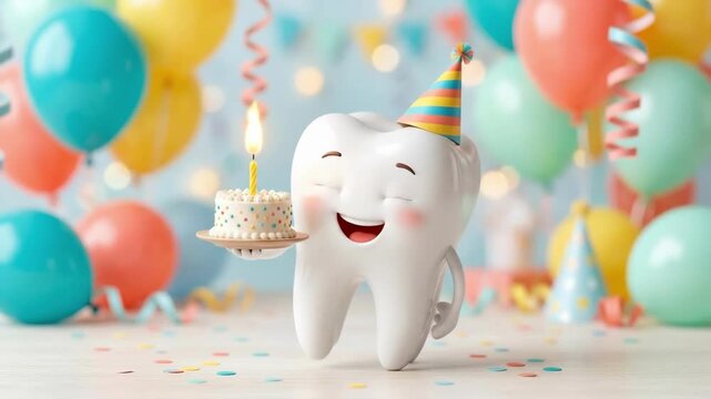 Happy tooth character celebrating birthday with cake and candle. Fun dental hygiene concept for children oral care awareness and festive smiles