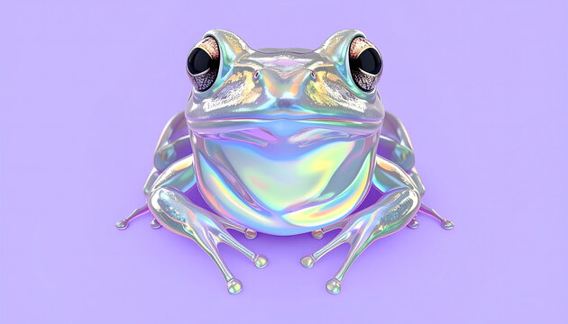 Stylized frog with liquid chrome iridescent surface and holographic reflections, futuristic Y2K aesthetic on soft lavender pastel background.