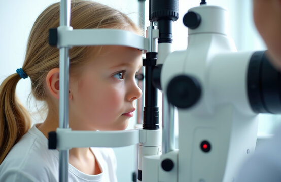 Child gets eye exam with special machine. Young girl looks into ophthalmic device at clinic. Doctor checks vision for health care. Future eyesight test.