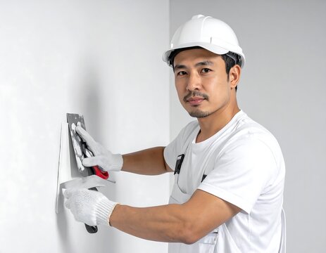 An Asian male construction worker wearing a white hardhat and work clothes, using a trowel to apply drywall mud