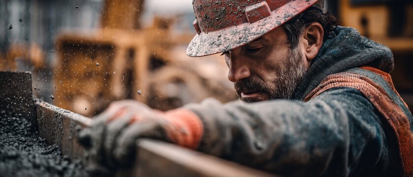 Photorealistic photograph taken medium shot depicting construction worker his early 50 grizzled appearance wearing hard hat safety vest glove engaged pouring concrete within dynamic construction site