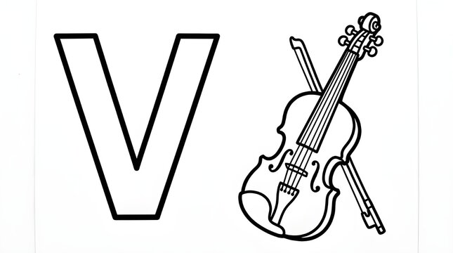 Letter v coloring page with a violin illustration