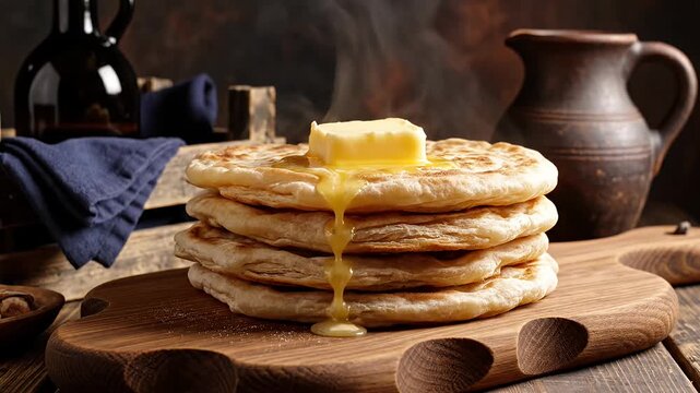 Stack of golden pancakes with melting butter on wooden board