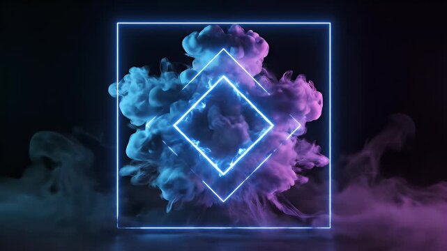 A captivating abstract image showcases a swirling purple smoke cloud encased within a glowing blue neon square frame, set against a dark, atmospheric background.