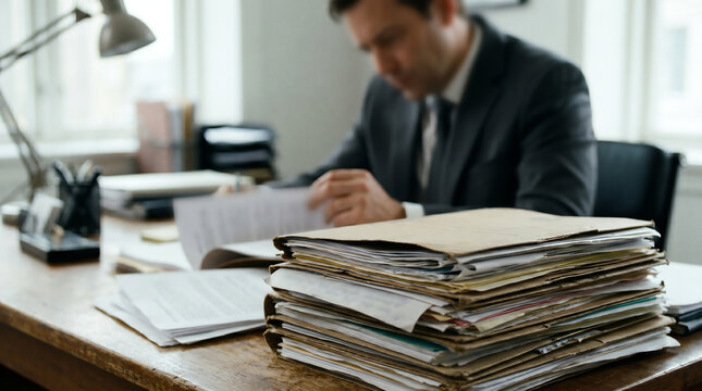 Tall stack of case file folders on desk with lawyer in dark suit reading through documents in softly daylit office