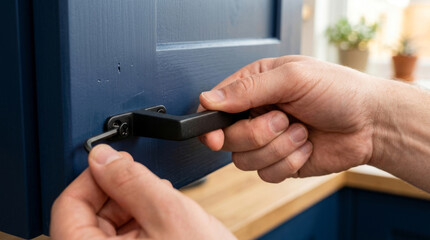 Fototapeta premium Hand adjusting black kitchen cabinet handle