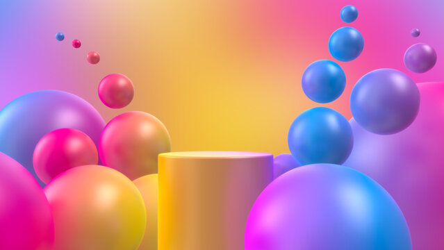 Abstract Colorful 3D Podium with Floating Gradient Spheres