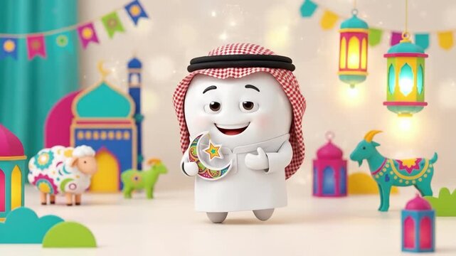 Smiling cartoon Arab man in traditional white thobe and red keffiyeh holding crescent moon with star. Festive Eid celebration scene with sheep goat and colorful animals. Lanterns mosque and flags for