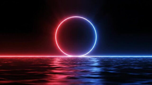 A surreal, dark landscape features glowing red and blue neon lines reflecting on water, with a vibrant arc of light forming a crescent shape in the sky.