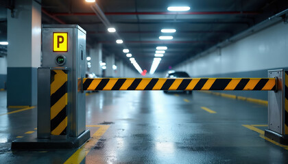 Fototapeta premium Underground garage entrance barrier with automated system. Vehicle access gate at modern parking facility. Cars drive through dimly lit lot.