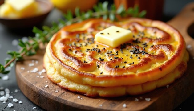 Layered flija pancake with butter and seeds on wooden board. Traditional baked food from Kosovo seasoned with herbs. Savory breakfast pastry ready for eating.