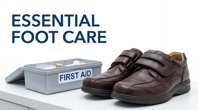 Web banner Orthopedic leather shoes with velcro straps. First aid kit. Essential diabetic foot care, ulcer prevention. Insulin-dependent diabetes. Blood sugar level glucose monitoring, medical symptom