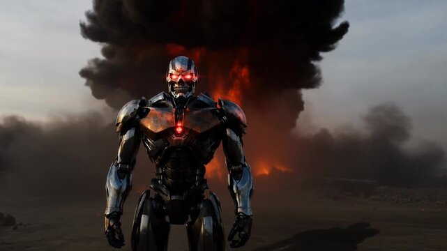 Terminator robot standing amidst a massive desert fire explosion