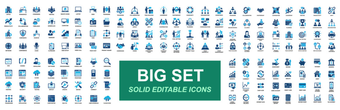 Mega icon set of teamwork, office workspace, web development, finance, productivity, collaboration, coding, banking and business management. Solid icons collection.