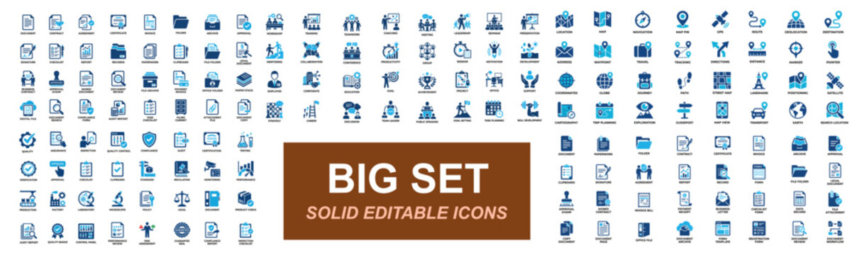 Mega icon set of Location navigation, Quality assurance, Document management, Workshop training, Business workflow and compliance systems. Vector solid icons collection.