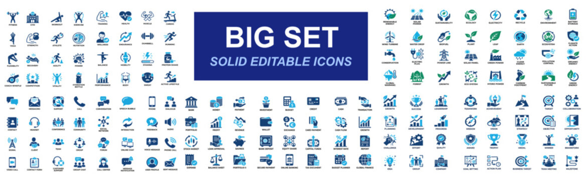 Mega icons set of green energy, communication, finance, fitness, business leadership, sustainability, payment, workout, teamwork. Solid icons vector illustration