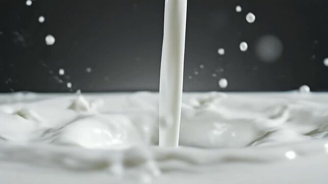 A close-up shot captures the dynamic motion of white milk pouring into a pool, creating swirling patterns against a dark background.